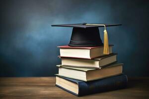 ai generado graduación gorra en apilar de libros en de madera mesa. educación concepto, libro apilar con un graduación sombrero en parte superior de el libros con un montón de vacío espacio, ai generado foto