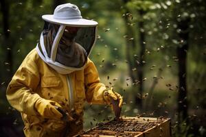 AI generated Beekeeper in yellow suit is working with bees on honeycomb frame, Beekeeper with protection suit and helmet holding honeycomb with bees, AI Generated photo