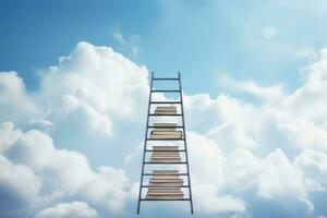 AI generated Conceptual image of books on ladder against blue sky with clouds, Book stack with a ladder against a sky with clouds background, AI Generated photo