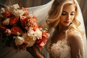 AI generated fashion interior photo of gorgeous bride with blond hair in elegant wedding dress posing with luxurious bouquet of flowers, Bride with a bouquet, closeup, AI Generated
