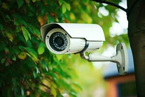 AI generated CCTV security camera or surveillance system on tree in the park, CCTV Security Camera for private homes, AI Generated photo