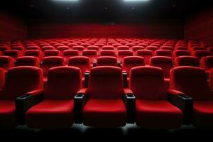 AI generated Empty cinema auditorium with rows of red seats. 3d render, Bright empty red seats in cinema rows, AI Generated photo