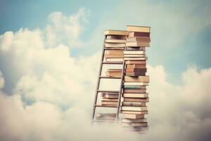 AI generated Stack of books on top of a wooden ladder against blue sky with clouds, Book stack with a ladder against a sky with clouds background, AI Generated photo