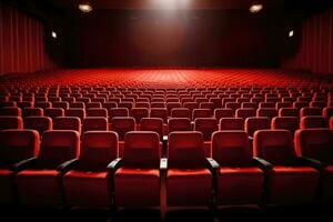 ai generado película o teatro sala con rojo asientos y destacar. cine fondo, brillante vacío rojo asientos en cine filas, ai generado foto