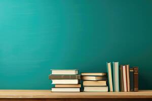 AI generated Stack of books on wooden shelf against green chalkboard. Education background, Books on a wooden table with a teal background for back-to-school, AI Generated photo