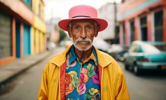 ai generado retrato de mayor hombre en pie en el ciudad calle en vistoso chaqueta y sombrero foto