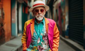 AI generated portrait of elderly man standing on the city street in colorful jacket and hat photo