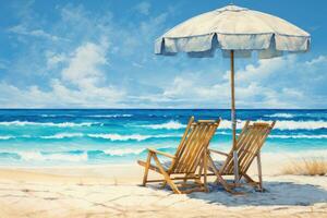 AI generated Beach chair and umbrella on the sandy beach. 3d rendering, Chairs and umbrella in a tropical beach - Seascape Banner, AI Generated photo