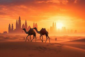 AI generated Camel caravan in the desert at sunset, 3d render illustration, Camel caravan on sand dunes in the Arabian desert with the Dubai skyline at sunset, AI Generated photo