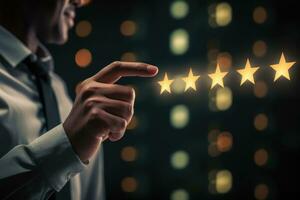 AI generated Businessman pointing at five star rating on bokeh background, Businessman's hand touching a star rating concept on a touch screen with his finger, AI Generated photo