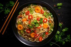 AI generated Noodles with vegetables in a bowl on a black background, Chinese noodle soup with vegetables on a black wooden background, top view, AI Generated photo