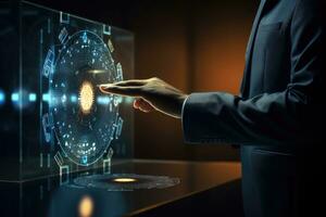 AI generated businessman hand touching fingerprint scan on virtual screen over dark background. 3d rendering, Businessmen's hand selecting the Data Privacy icon on the virtual display, AI Generated photo