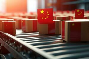 AI generated China flag on a moving box on a conveyor belt. 3D illustration, Cardboard boxes with a red Chinese flag on the roller conveyor, AI Generated photo