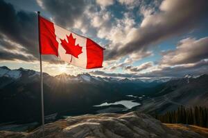 ai generado canadiense bandera ondulación en el viento en contra un antecedentes de montañas y lago, Canadá bandera y hermosa canadiense paisajes, ai generado foto