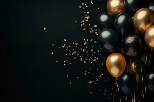 AI generated Golden and black balloons with confetti on black background, copy space, Black and golden balloons with confetti on a black background, AI Generated photo