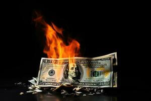 AI generated Burning dollar banknotes on black background. Concept of financial crisis, Burning dollar banknote on a black background, Financial crisis concept, AI Generated photo