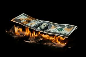 AI generated Burning dollar banknotes on a black background. The concept of financial crisis, Burning dollar banknote on a black background, Financial crisis concept, AI Generated photo