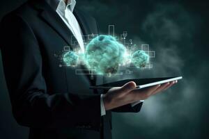 AI generated Close up of businessman holding tablet pc with cloud computing concept. Mixed media, Businessman holding a tablet with CO2 emissions in his hands, presented in 3D rendering, AI Generated photo