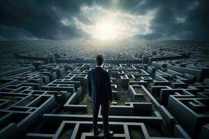 AI generated Businessman standing in front of a maze and looking at the sun, Businessman standing on top of a maze, looking at the way to success, AI Generated photo