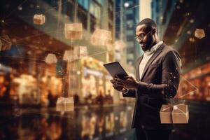 AI generated businessman with tablet pc and polygonal network on city background, Businessman using a smartphone and laptop computer with the concept of online shopping, AI Generated photo