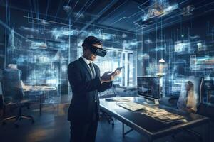 AI generated Businessman wearing virtual reality goggles in modern office. 3D rendering, Businessman using a virtual reality headset in a modern office at night, Mixed media, AI Generated photo