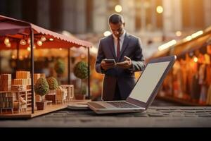 AI generated Businessman using mobile phone and laptop on the rooftop of a restaurant, Businessman using a smartphone and laptop computer with the concept of online shopping, AI Generated photo