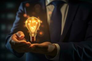 AI generated Businessman holding a glowing light bulb in his hand on abstract background, Businessman's hand holding a light bulb with a graph and chart on a virtual screen, AI Generated photo