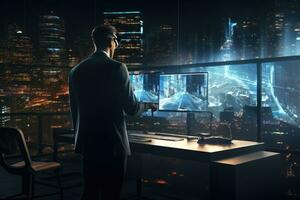 AI generated Businessman in modern office interior with night city view. 3D rendering, Businessman using a virtual reality headset in a modern office at night, Mixed media, AI Generated photo