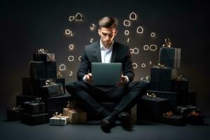 AI generated Businessman with laptop and lots of gift boxes on dark background, Businessman using a smartphone and laptop computer with the concept of online shopping, AI Generated photo