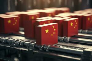 AI generated China and China flags on a factory conveyor belt. 3D rendering, Cardboard boxes with the text Made in China and the Chinese flag on the roller conveyor, AI Generated photo