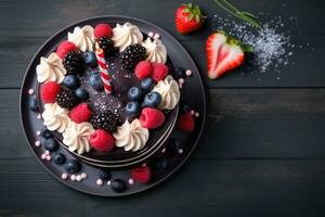 AI generated Chocolate cake with berries on a black wooden background. Top view, Birthday cake with wishing card celebration party, top view, AI Generated photo