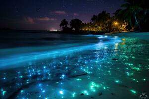 AI generated Tropical beach at night with palm trees and starry sky, Bioluminescence, Night beach scene in the Maldives with bioluminescent plankton illuminating the waterline, AI Generated photo