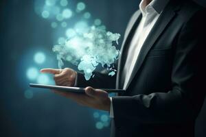 AI generated Close up of businessman holding tablet pc with cloud hologram. Mixed media, Businessman holding a tablet with CO2 emissions in his hands, presented in 3D rendering, AI Generated photo