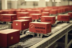 AI generated Cargo boxes on a conveyor belt in a distribution warehouse, Cardboard boxes with the text Made in China and the Chinese flag on the roller conveyor, AI Generated photo