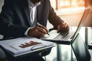 AI generated businessman working with finances about cost and calculator and laptop computer in modern office, Businessman analyzing investment charts with a calculator and laptop, AI Generated photo