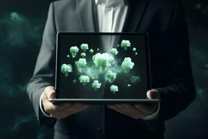 AI generated Close up of businessman holding tablet with green plant hologram on screen, Businessman holding a tablet with CO2 emissions in his hands, presented in 3D rendering, AI Generated photo