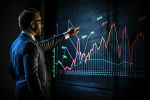 AI generated Businessman touching virtual panel with forex chart. 3d rendering, Businessman planning graph growth and an increase in positive chart indicators in his business, AI Generated photo