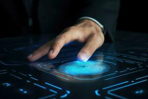 AI generated Close up of businessman touching virtual panel with finger. Future technology concept, Businessman pressing a fingerprint button on a touch screen interface, Technology and, AI Generated photo