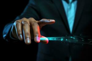 AI generated Businessman touching interactive touchscreen with glowing arrows on dark background 3D rendering, Businessman pressing a fingerprint button on a touch screen interface, AI Generated photo