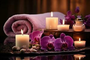 ai generado spa todavía vida con orquídeas y velas en oscuro fondo, belleza spa tratamiento con velas, ai generado foto