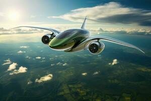 ai generado avión volador en el cielo. 3d hacer de avión, impulsado por biocombustibles avión en el cielo, sostenible transporte concepto, ai generado foto