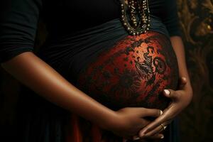ai generado embarazada mujer con su manos en su barriga, de cerca, negro embarazada mujeres barriga de cerca, ai generado foto