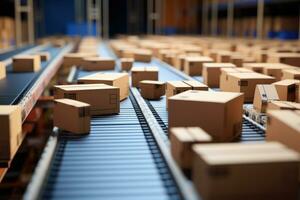 AI generated Cardboard boxes on conveyor belt in warehouse. 3d rendering, Cardboard boxes on a conveyor belt in a warehouse, depicting an automatic production line, Logistic and shipment, AI Generated photo