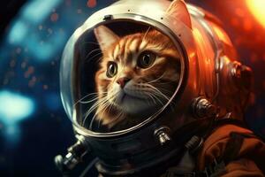 ai generado linda jengibre gato en astronauta casco en oscuro antecedentes. espacio viaje concepto, gato astronauta en un traje espacial en un Ciencias ficción concepto, ai generado foto