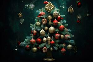 AI generated Christmas tree with baubles and ornaments on dark background, Christmas tree with decorations, AI Generated photo