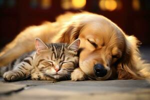 ai generado linda dorado perdiguero y gato dormido juntos en el piso, gato y perro pacíficamente dormido juntos, ai generado foto