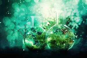 AI generated Laboratory glassware with green plants on dark background with bokeh, Biological and science background, AI Generated photo