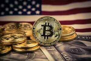 AI generated Golden bitcoin on the background of one hundred dollar bills close-up, Bitcoin currency and dollar, BTC market symbol cryptocurrency rising against the United States dollar, AI Generated photo