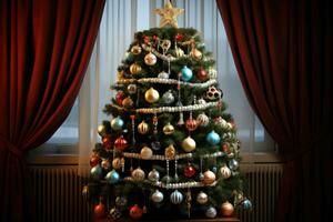 ai generado Navidad árbol con decoraciones en un antecedentes de rojo cortinas en el habitación, Navidad árbol con decoraciones, ai generado foto