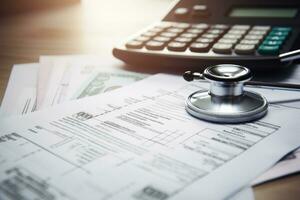 AI generated Stethoscope and calculator on the table. Healthcare costs concept, Billing statement for medical service in a doctor's office background with a pen and stethoscope, AI Generated photo